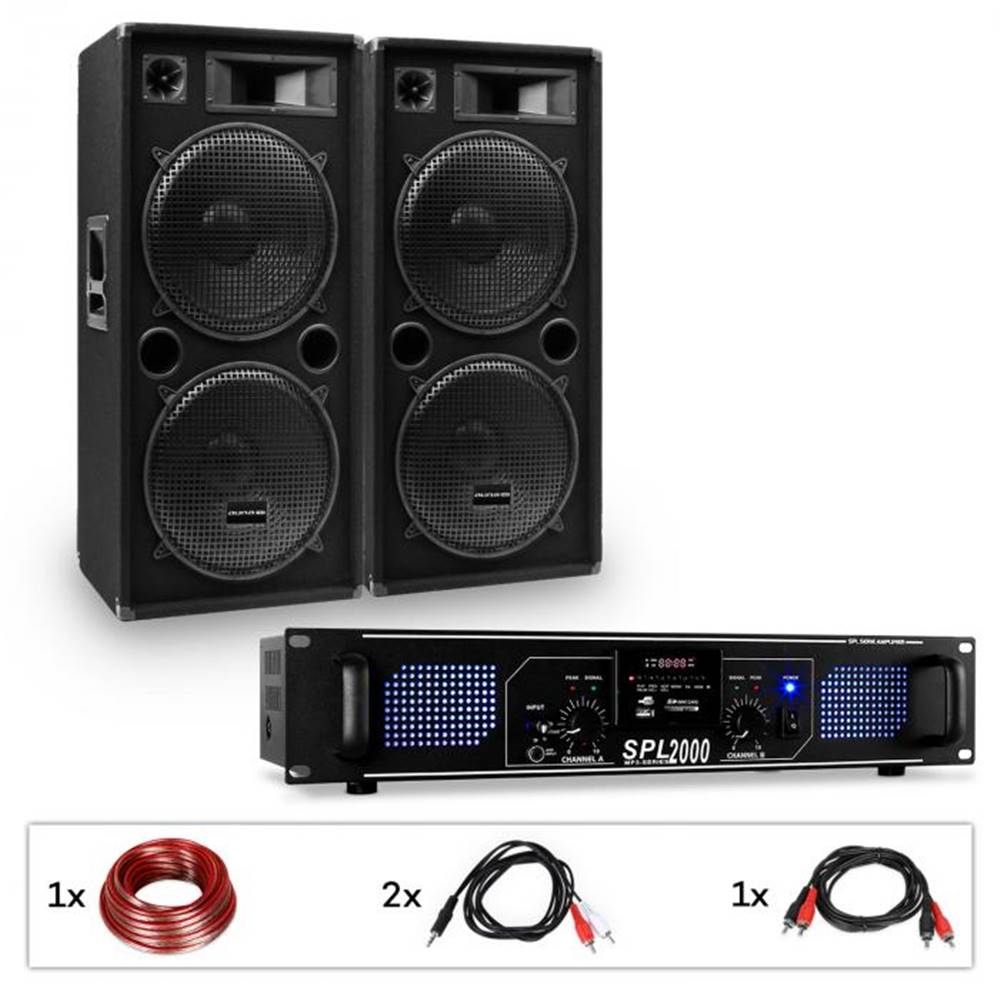 Auna Pro  PW-2522 MKII, PA sada, zosilňovač, 2 pasívne 15" PA reproduktory, 750 W RMS/1500 W max., 3-pásmové, značky Auna Pro