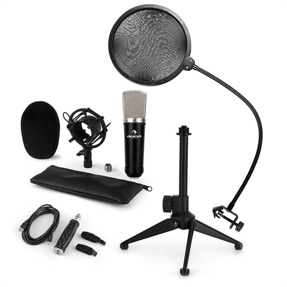 Auna  CM003 mikrofónová sada V2, kondenzátorový mikrofón, USB-konvertor, mikrofónový stojan, POP filter, značky Auna