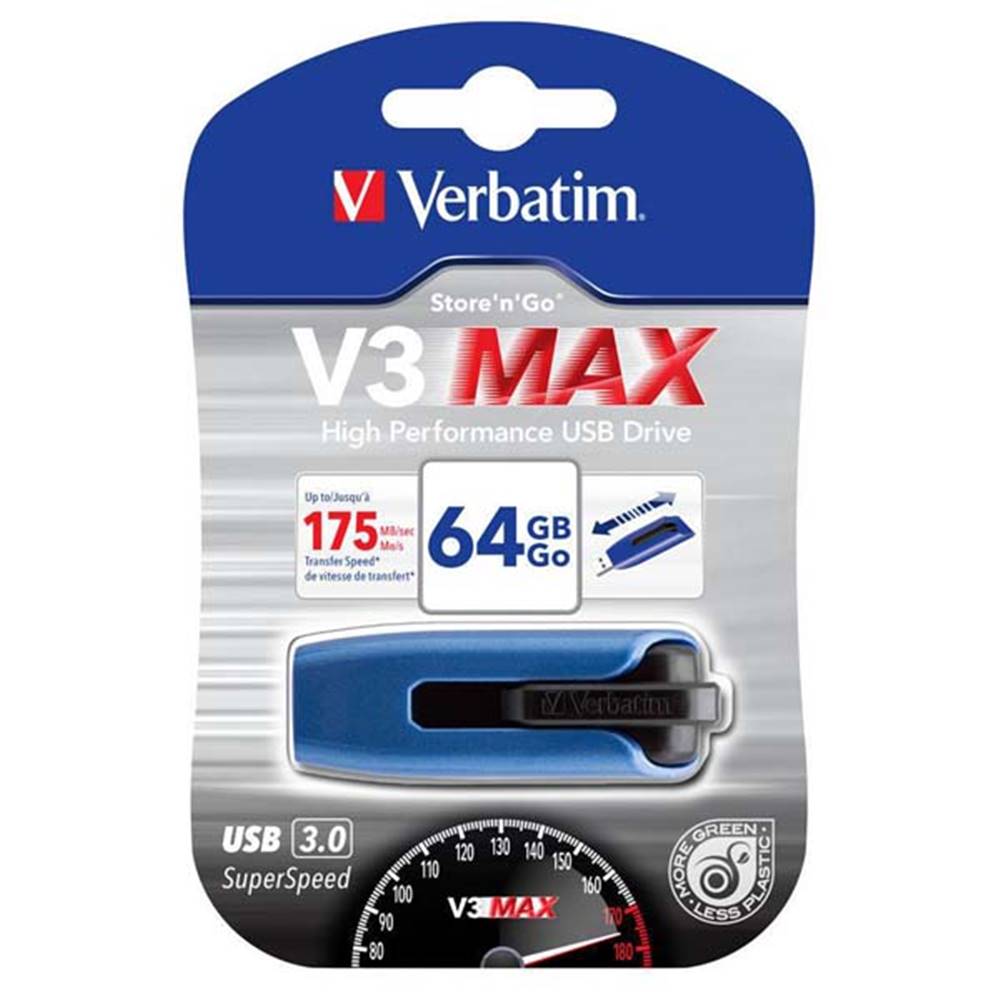 Verbatim  USB flash disk, USB 3.0, 64GB, V3 MAX, Store N Go, modrý, 49807, USB A, s výsuvným konektorom, značky Verbatim