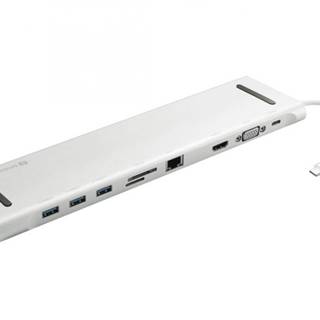 Sandberg USB-C 10v1 dokovací stanice, HDMI+3xUSB+RJ45+VGA+TF/SD+jack+USB-C(100W), stříbrný