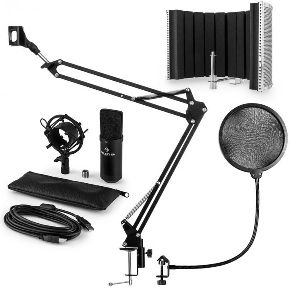 Auna  CM001B mikrofónová sada V5 kondenzátorový mikrofón, mikrofónové rameno, pop filter, panel, čierna farba, značky Auna